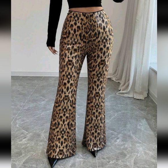 Fashionable Leopard Print High Waist Sequin Flared Pants For Autumn - Picture 3 of 5